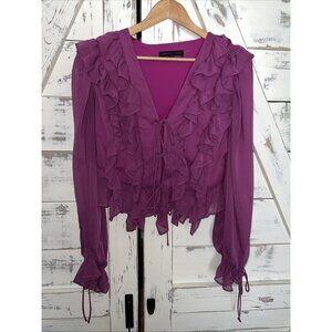 Endless Rose Shirt Fuschia Pink Tie Front V Neck Ruffle Bell Slv Sheer Sz L NWOT